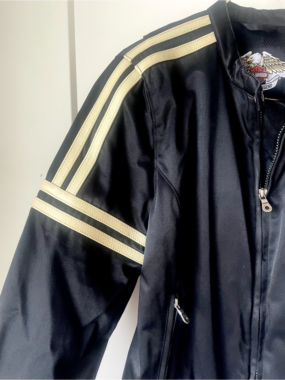 Harley-Davidson Women’s Moto Jacket M Black Leather Trim Racing Stripe Zip - Picture 6 of 13
